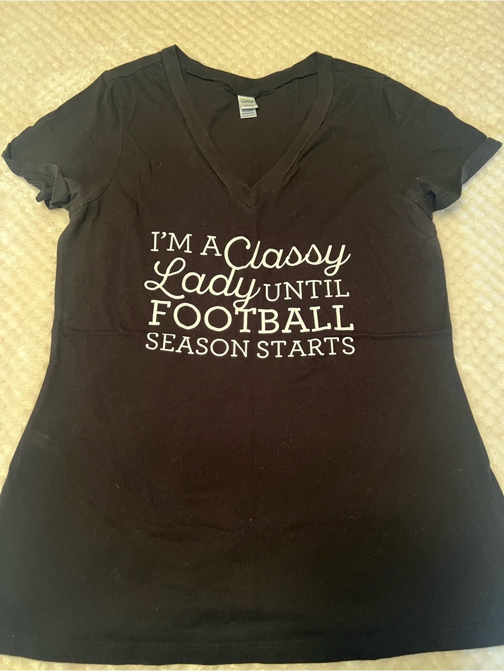 Women’s Black Football Fan V-Neck Short Sleeve Graphic T-Shirt Size M